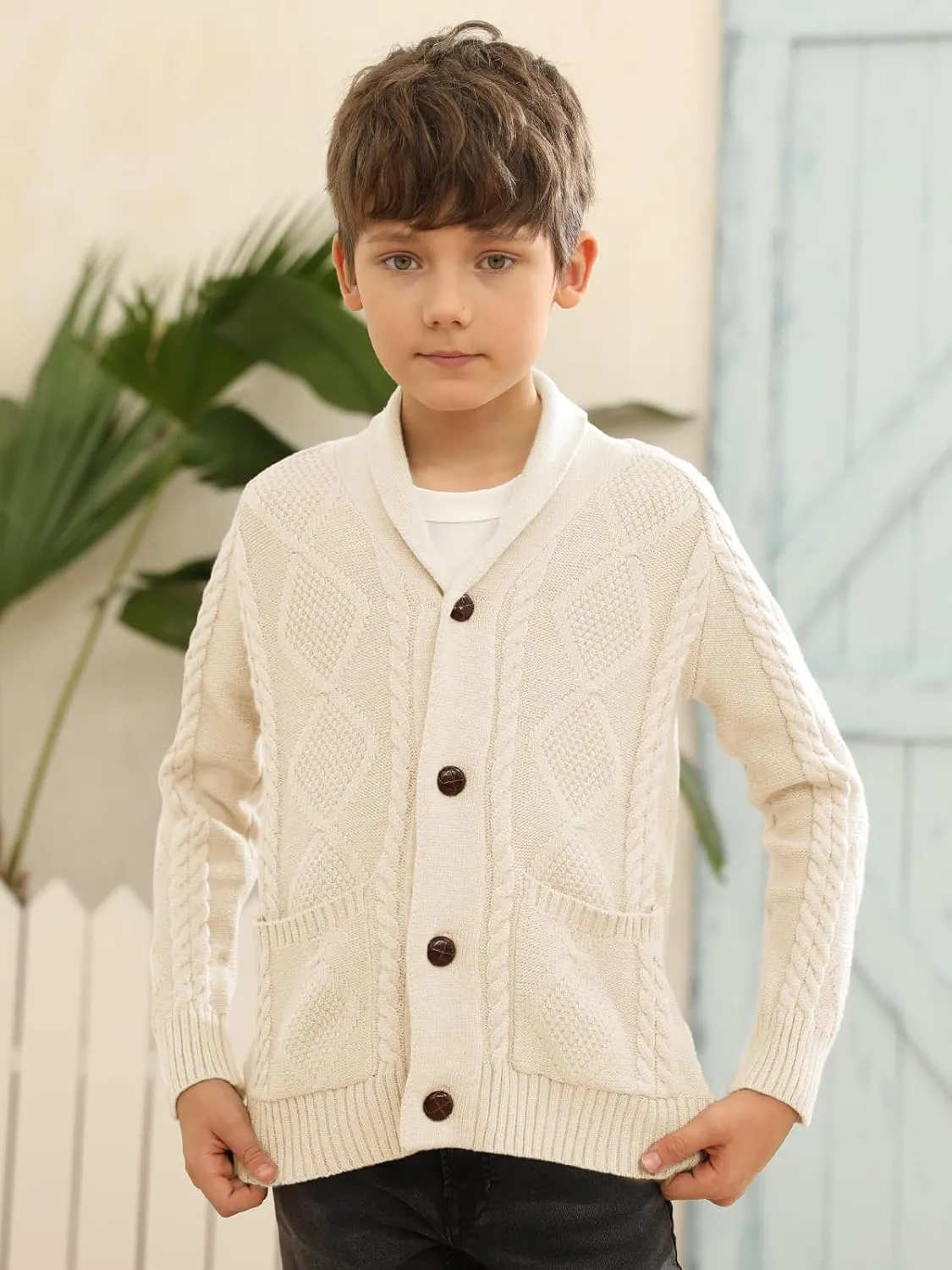 Boy's Sweater Cardigan Button Down Shawl Collar Cable Knitted Outwear Sweater Coats with Pockets