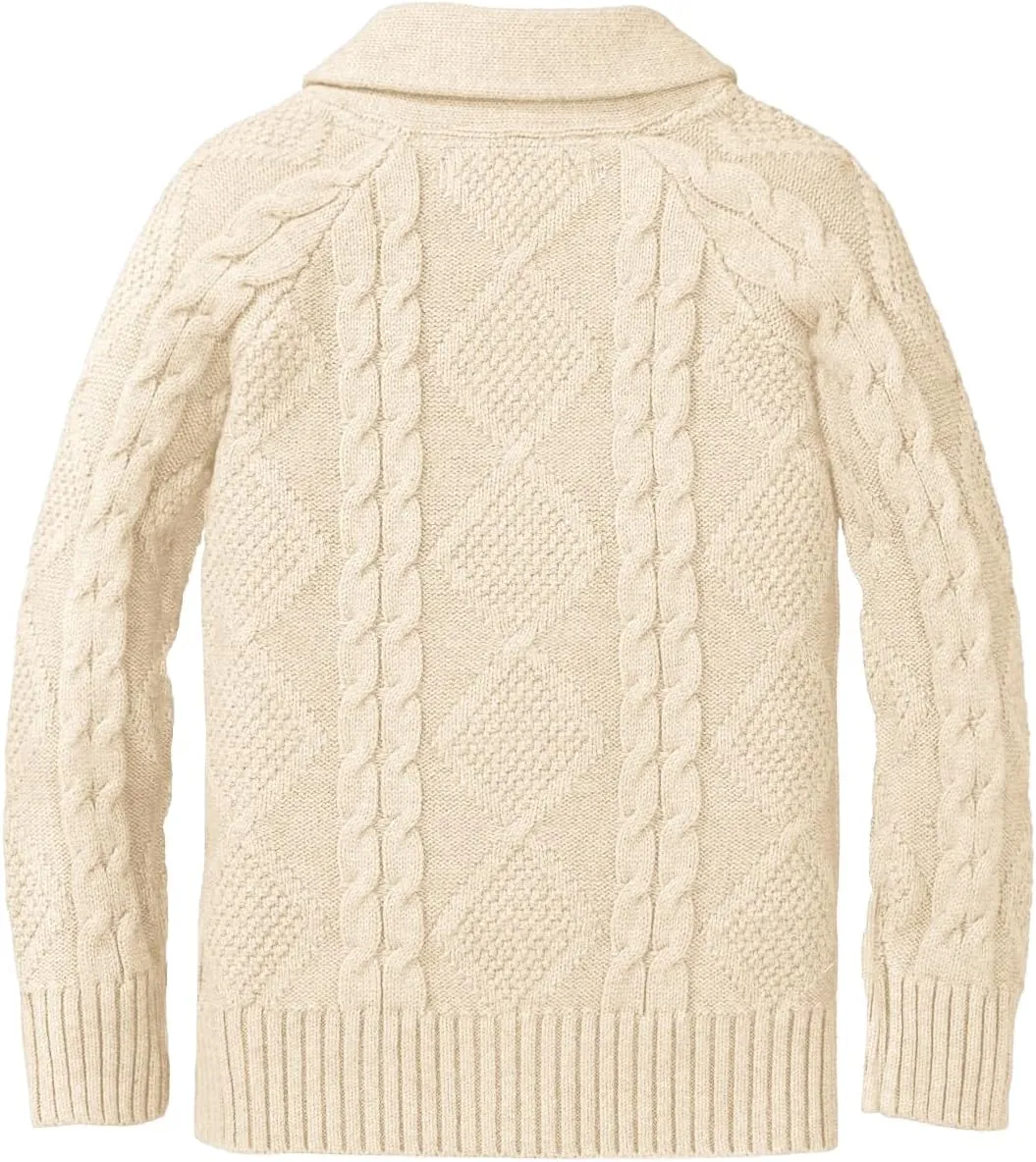 Boy's Sweater Cardigan Button Down Shawl Collar Cable Knitted Outwear Sweater Coats with Pockets