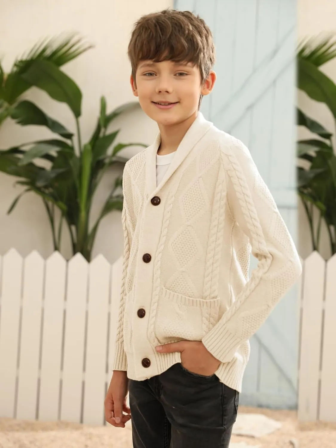 Boy's Sweater Cardigan Button Down Shawl Collar Cable Knitted Outwear Sweater Coats with Pockets