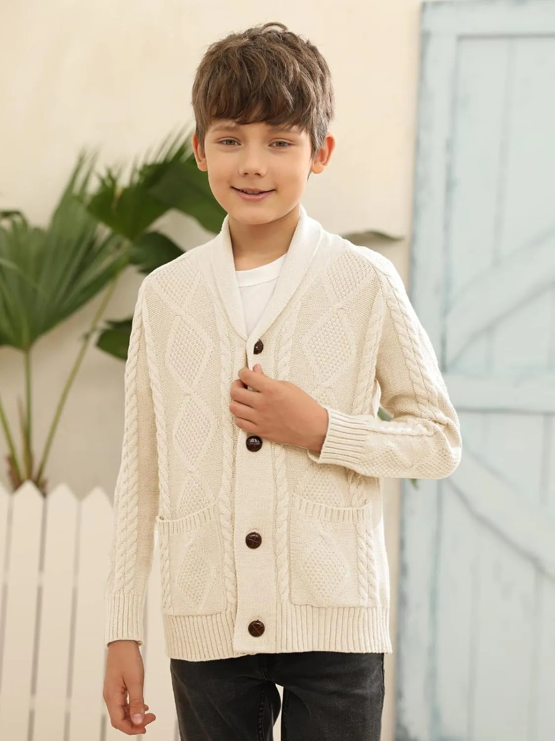Boy's Sweater Cardigan Button Down Shawl Collar Cable Knitted Outwear Sweater Coats with Pockets