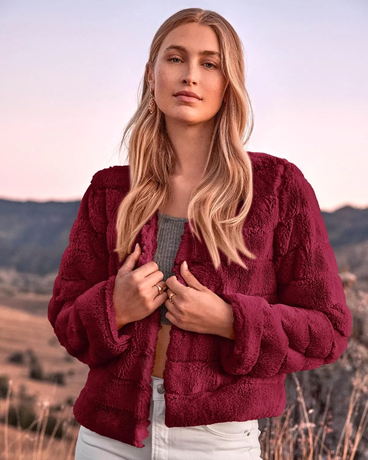 BTFBM Womens Faux Fur Cropped Jacket Fall Winter Fashion 2025 Soft Long Sleeve Open Front Fluffy Short Coat Outerwear