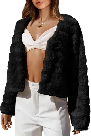 BTFBM Womens Faux Fur Cropped Jacket Fall Winter Fashion 2025 Soft Long Sleeve Open Front Fluffy Short Coat Outerwear