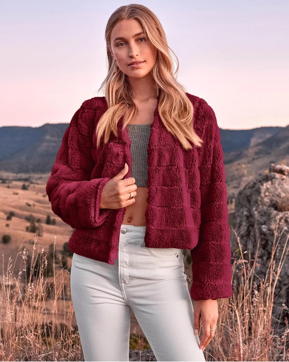 BTFBM Womens Faux Fur Cropped Jacket Fall Winter Fashion 2025 Soft Long Sleeve Open Front Fluffy Short Coat Outerwear