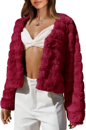 BTFBM Womens Faux Fur Cropped Jacket Fall Winter Fashion 2025 Soft Long Sleeve Open Front Fluffy Short Coat Outerwear