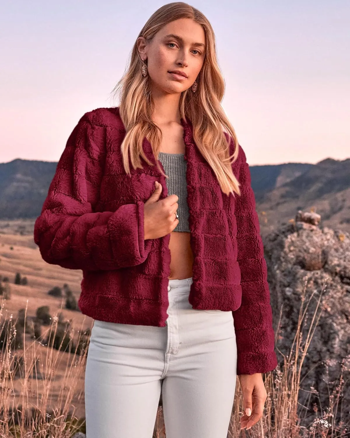 BTFBM Womens Faux Fur Cropped Jacket Fall Winter Fashion 2025 Soft Long Sleeve Open Front Fluffy Short Coat Outerwear