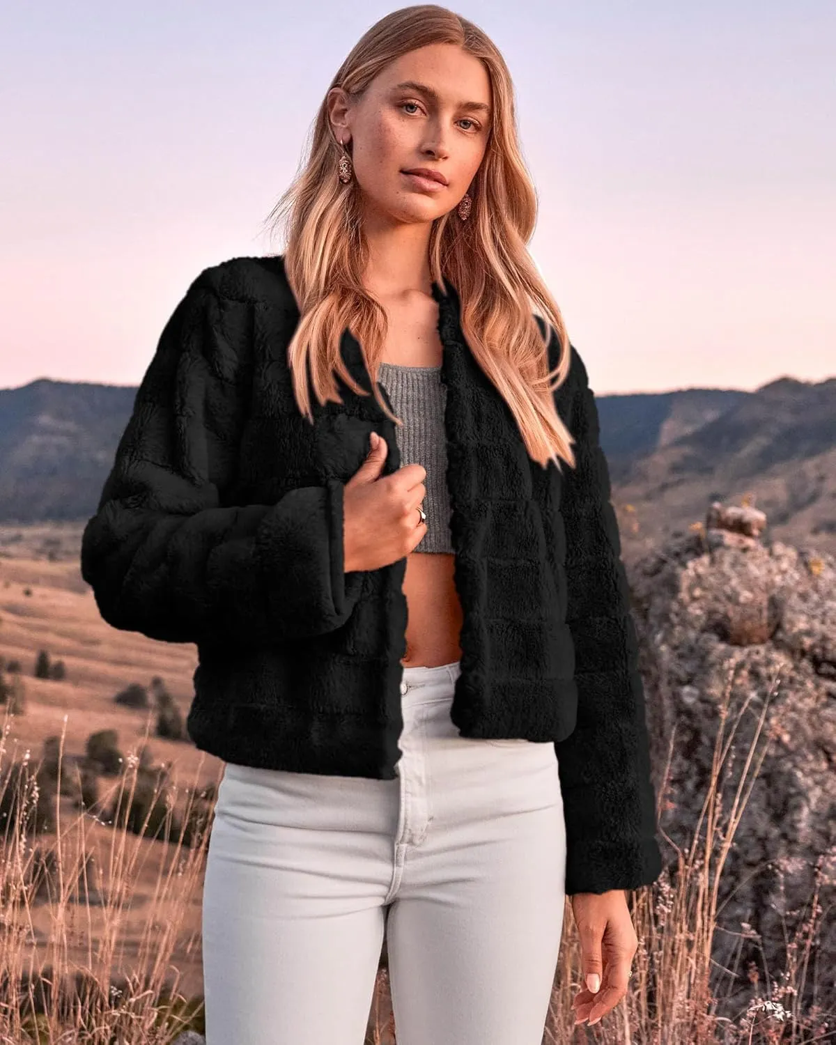 BTFBM Womens Faux Fur Cropped Jacket Fall Winter Fashion 2025 Soft Long Sleeve Open Front Fluffy Short Coat Outerwear