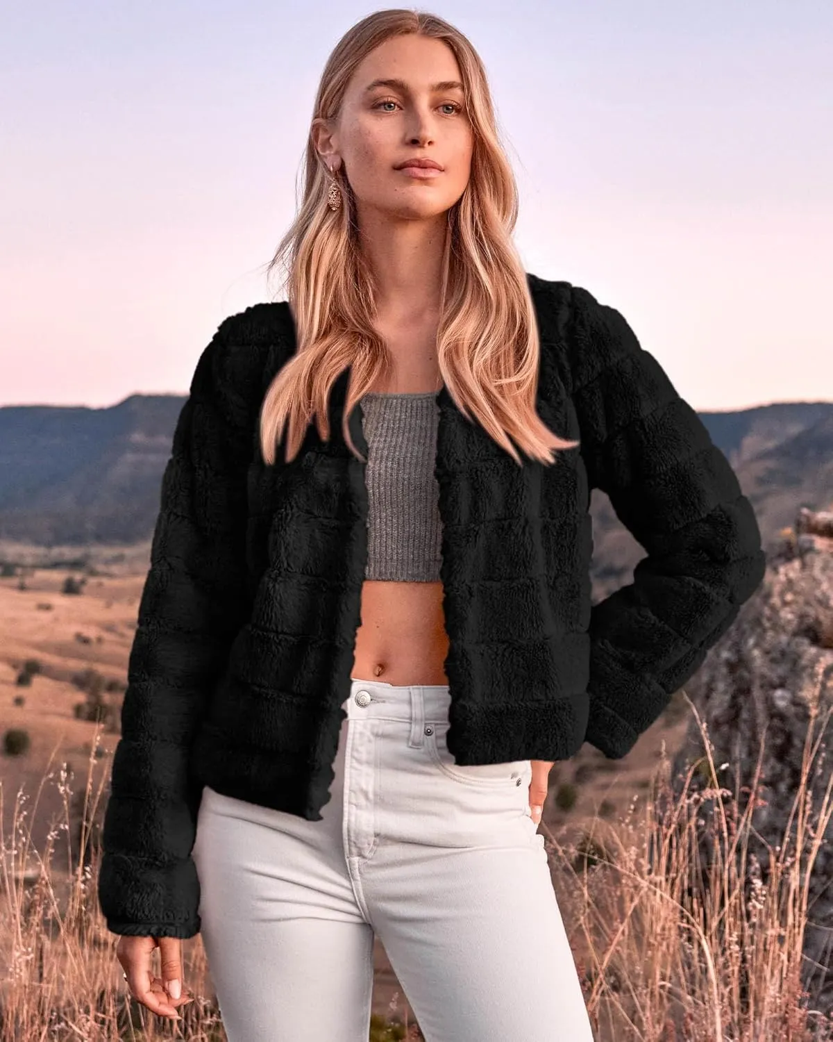 BTFBM Womens Faux Fur Cropped Jacket Fall Winter Fashion 2025 Soft Long Sleeve Open Front Fluffy Short Coat Outerwear