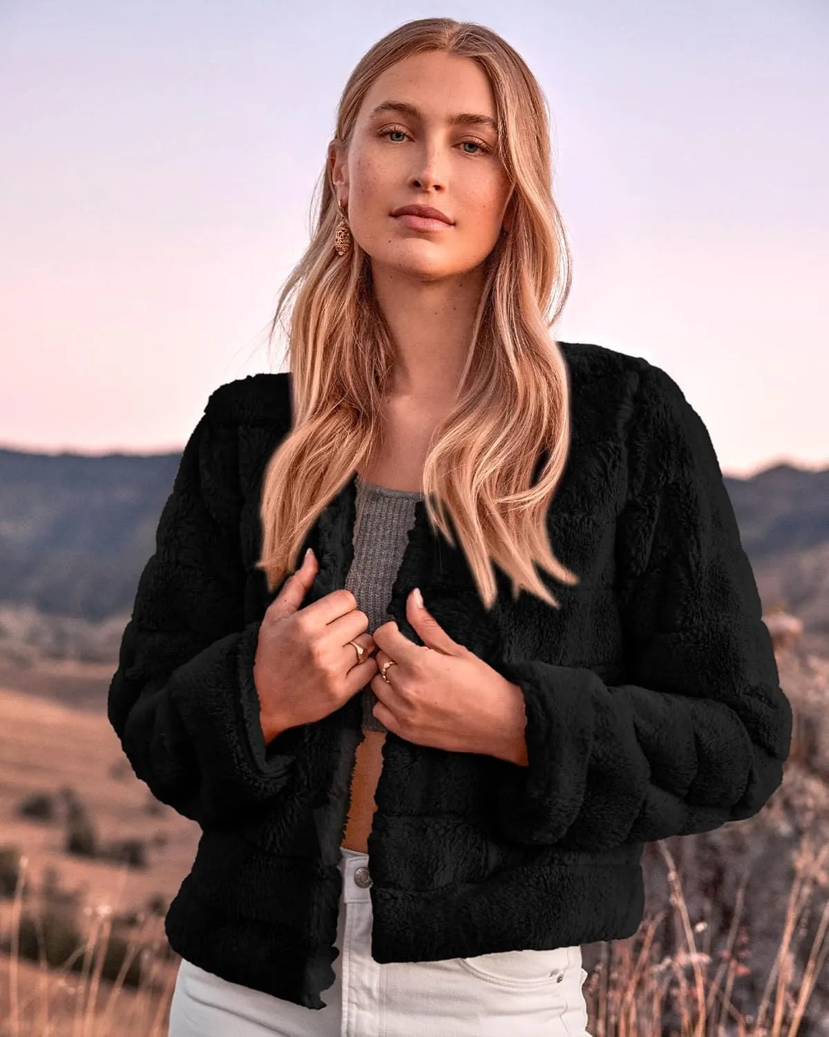 BTFBM Womens Faux Fur Cropped Jacket Fall Winter Fashion 2025 Soft Long Sleeve Open Front Fluffy Short Coat Outerwear