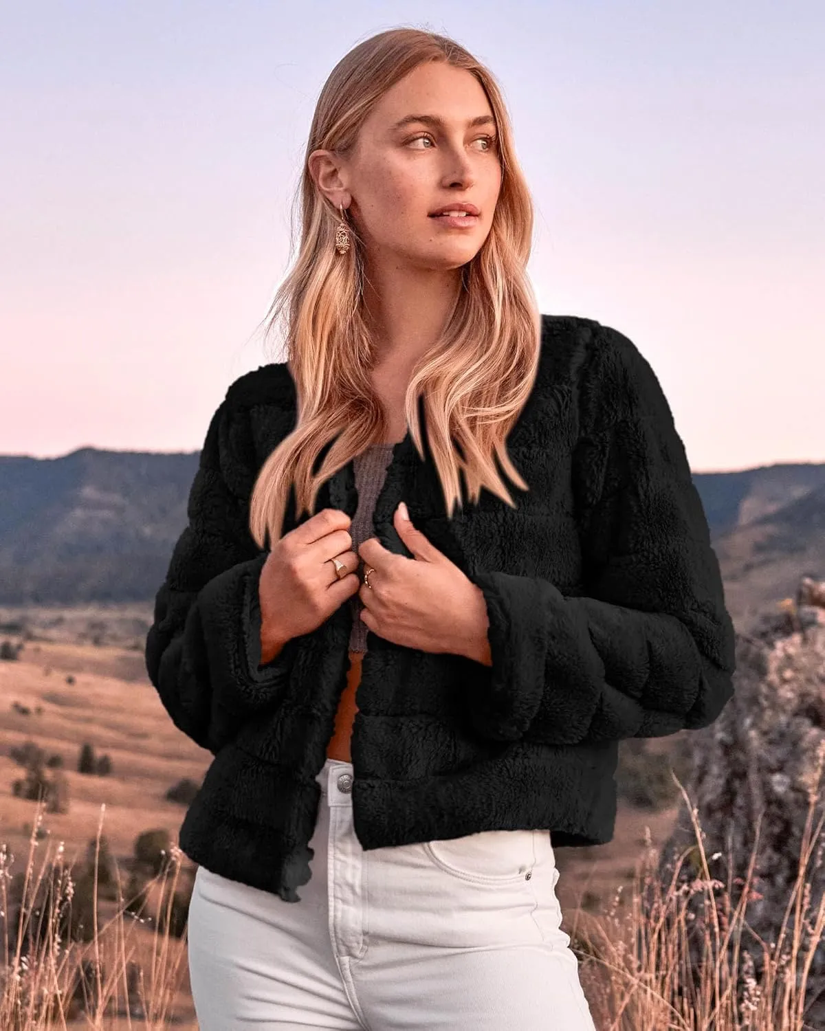 BTFBM Womens Faux Fur Cropped Jacket Fall Winter Fashion 2025 Soft Long Sleeve Open Front Fluffy Short Coat Outerwear