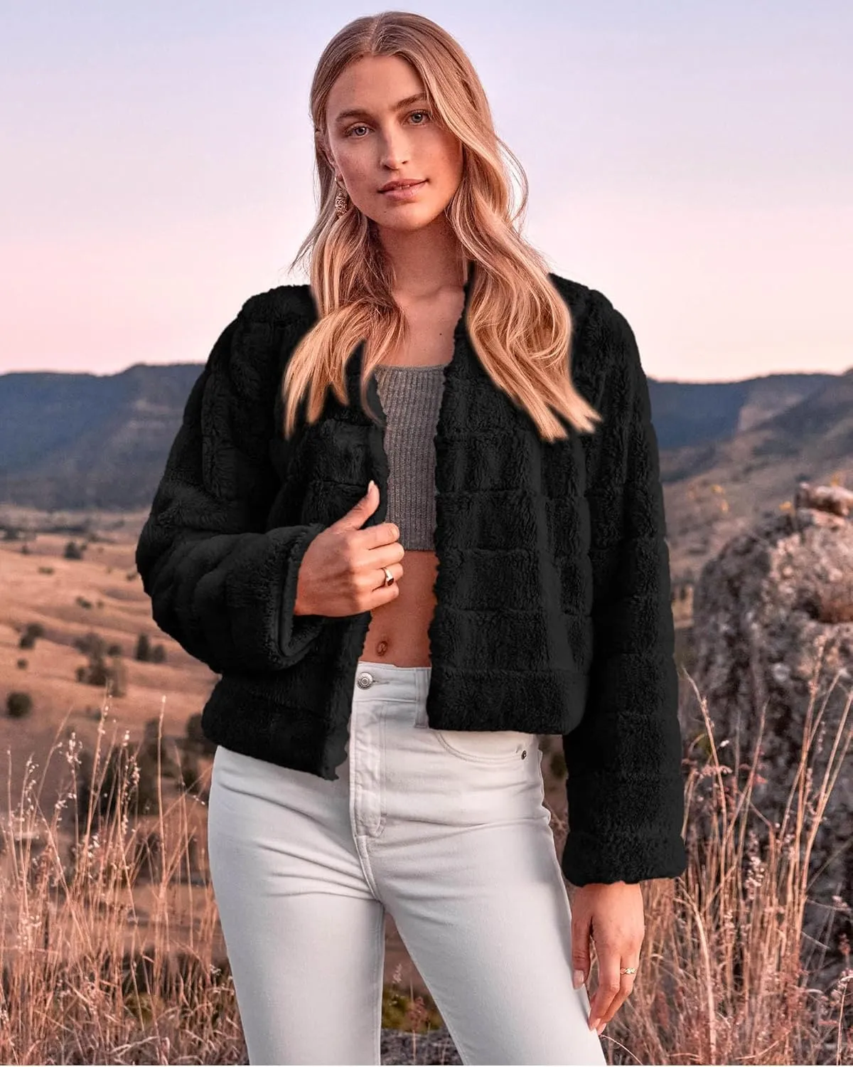 BTFBM Womens Faux Fur Cropped Jacket Fall Winter Fashion 2025 Soft Long Sleeve Open Front Fluffy Short Coat Outerwear