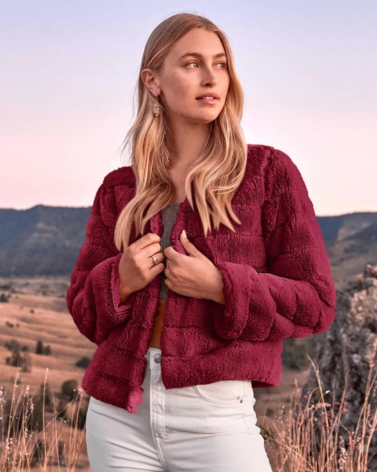 BTFBM Womens Faux Fur Cropped Jacket Fall Winter Fashion 2025 Soft Long Sleeve Open Front Fluffy Short Coat Outerwear