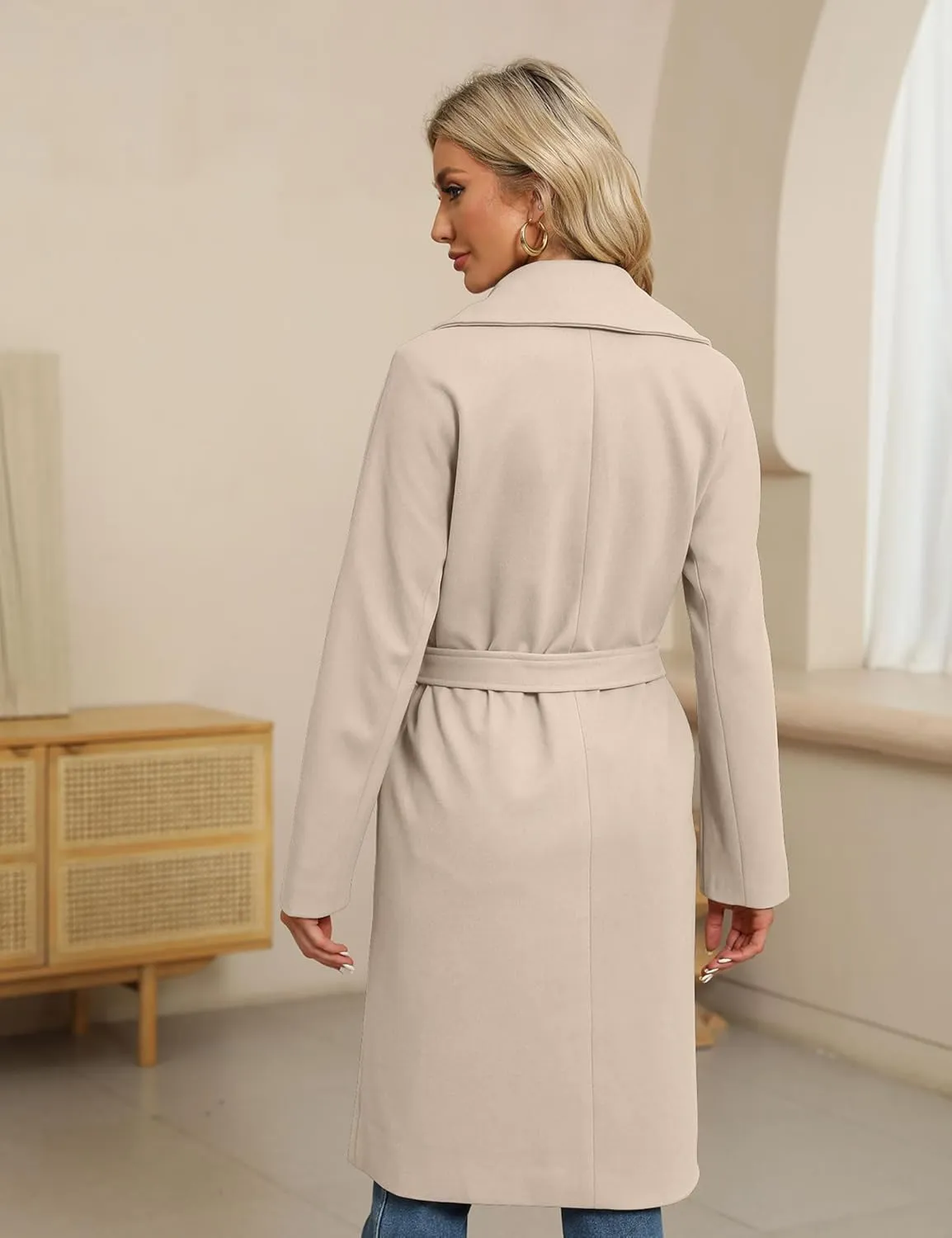 BZB Women's Long Wool Blend Pea Coat Winter Casual Overcoat Notched Lapel Collar Trench Coat Belted Long Jacket Outerwear