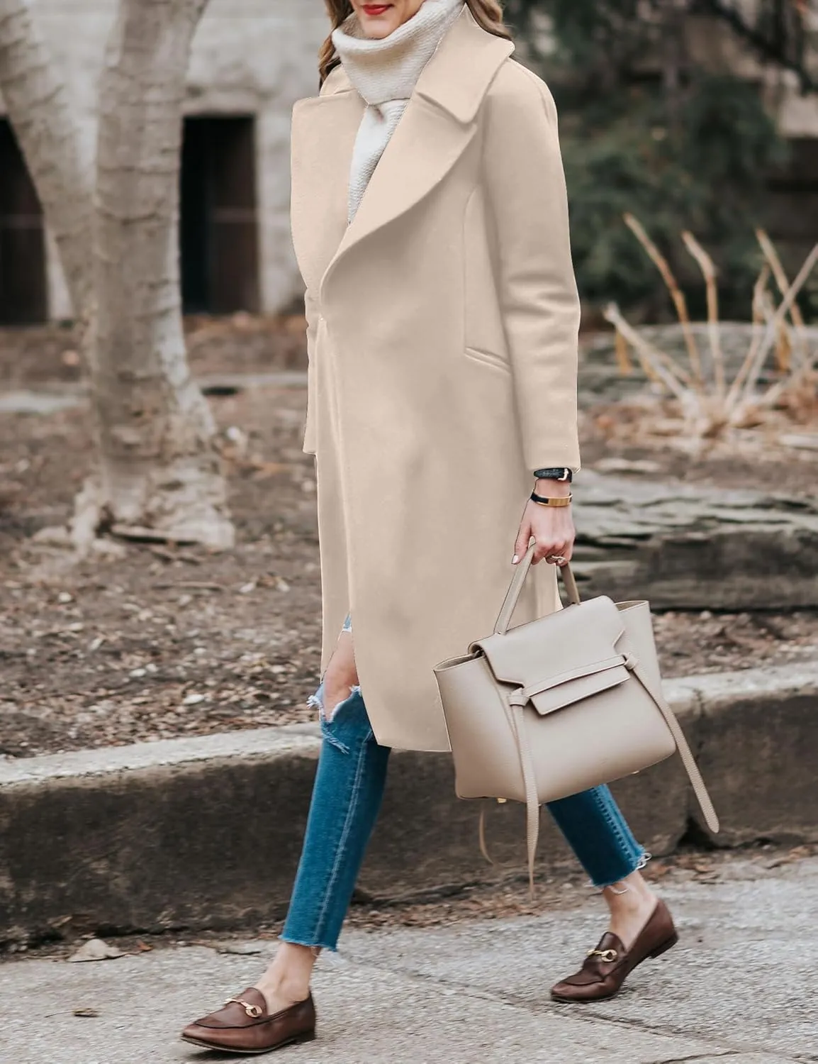 BZB Women's Long Wool Blend Pea Coat Winter Casual Overcoat Notched Lapel Collar Trench Coat Belted Long Jacket Outerwear