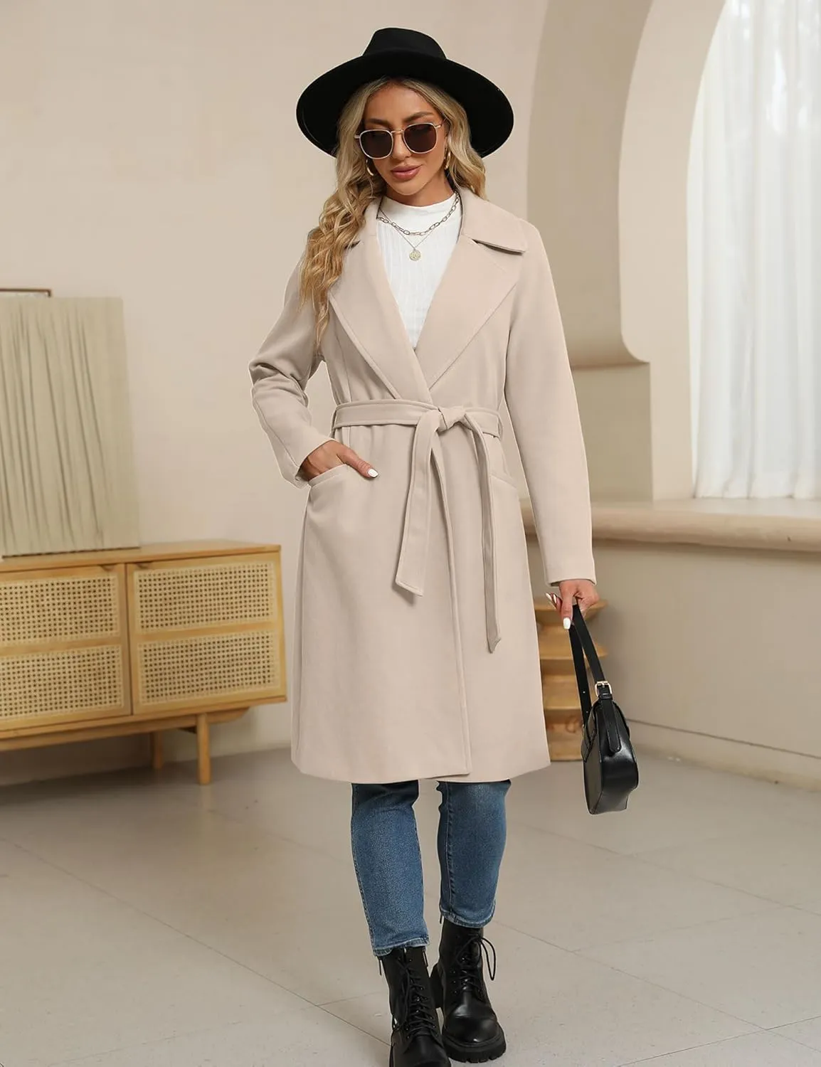 BZB Women's Long Wool Blend Pea Coat Winter Casual Overcoat Notched Lapel Collar Trench Coat Belted Long Jacket Outerwear