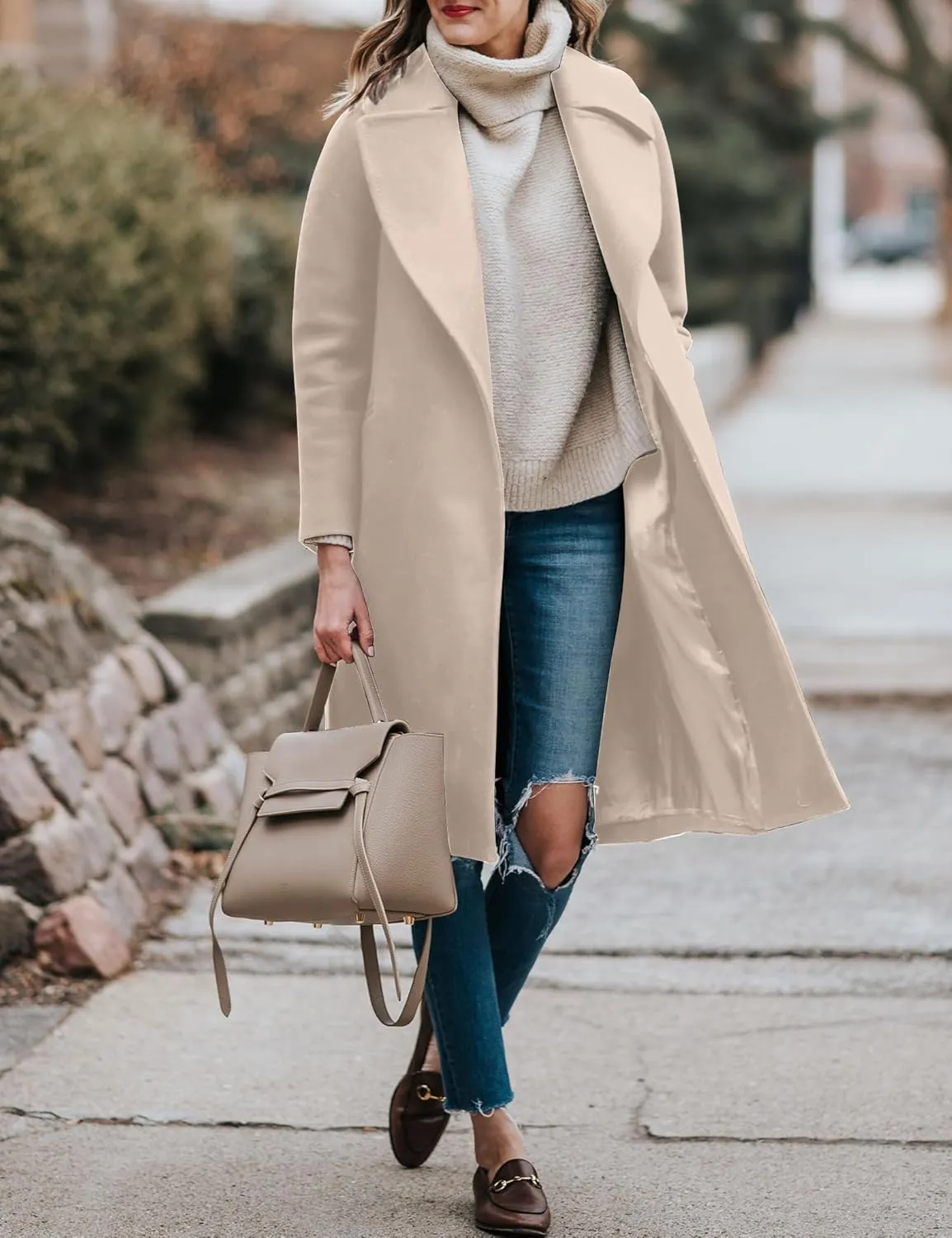 BZB Women's Long Wool Blend Pea Coat Winter Casual Overcoat Notched Lapel Collar Trench Coat Belted Long Jacket Outerwear