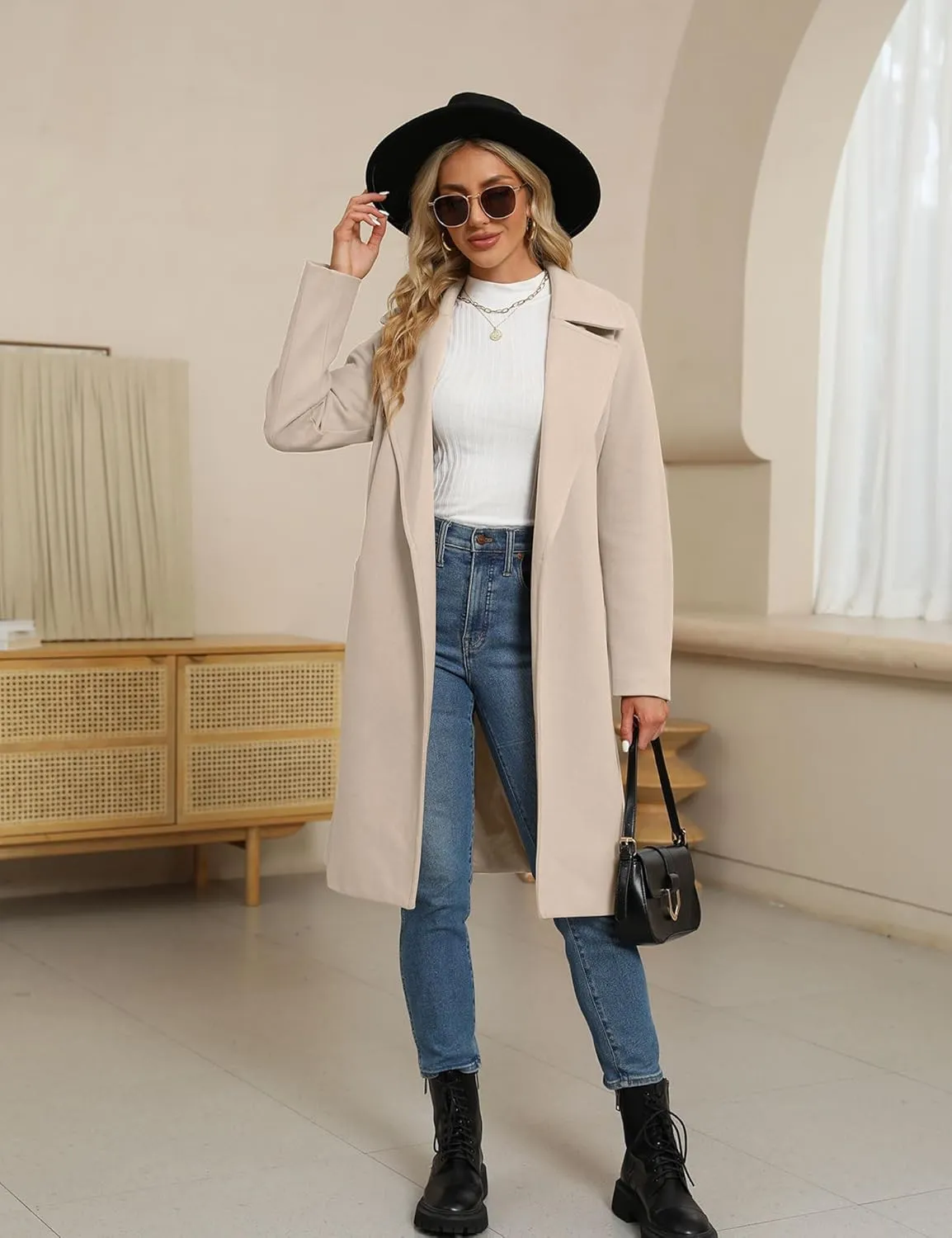 BZB Women's Long Wool Blend Pea Coat Winter Casual Overcoat Notched Lapel Collar Trench Coat Belted Long Jacket Outerwear