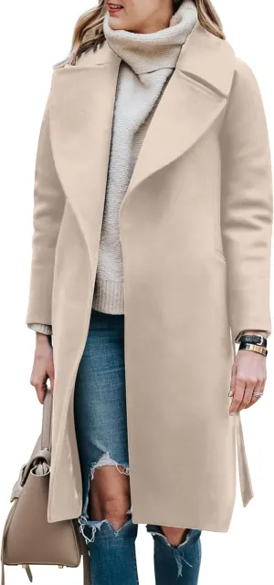 BZB Women's Long Wool Blend Pea Coat Winter Casual Overcoat Notched Lapel Collar Trench Coat Belted Long Jacket Outerwear