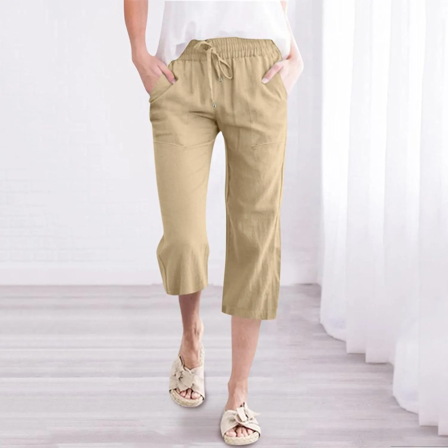 Capri Pants for Women Casual Summer Drawstring Elastic Waist Linen Pants Straight Wide Leg Pocket Cropped Trouser