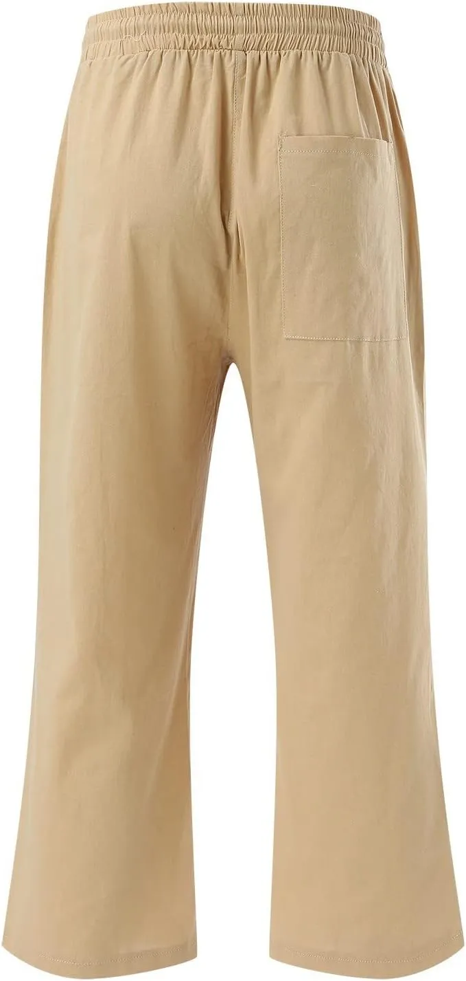 Capri Pants for Women Casual Summer Drawstring Elastic Waist Linen Pants Straight Wide Leg Pocket Cropped Trouser