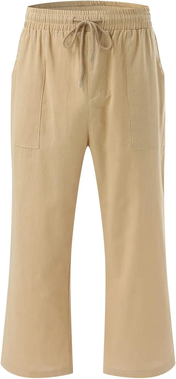 Capri Pants for Women Casual Summer Drawstring Elastic Waist Linen Pants Straight Wide Leg Pocket Cropped Trouser