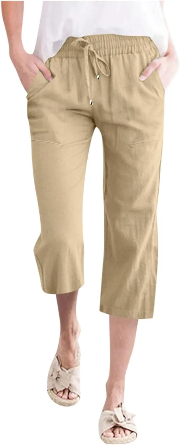 Capri Pants for Women Casual Summer Drawstring Elastic Waist Linen Pants Straight Wide Leg Pocket Cropped Trouser