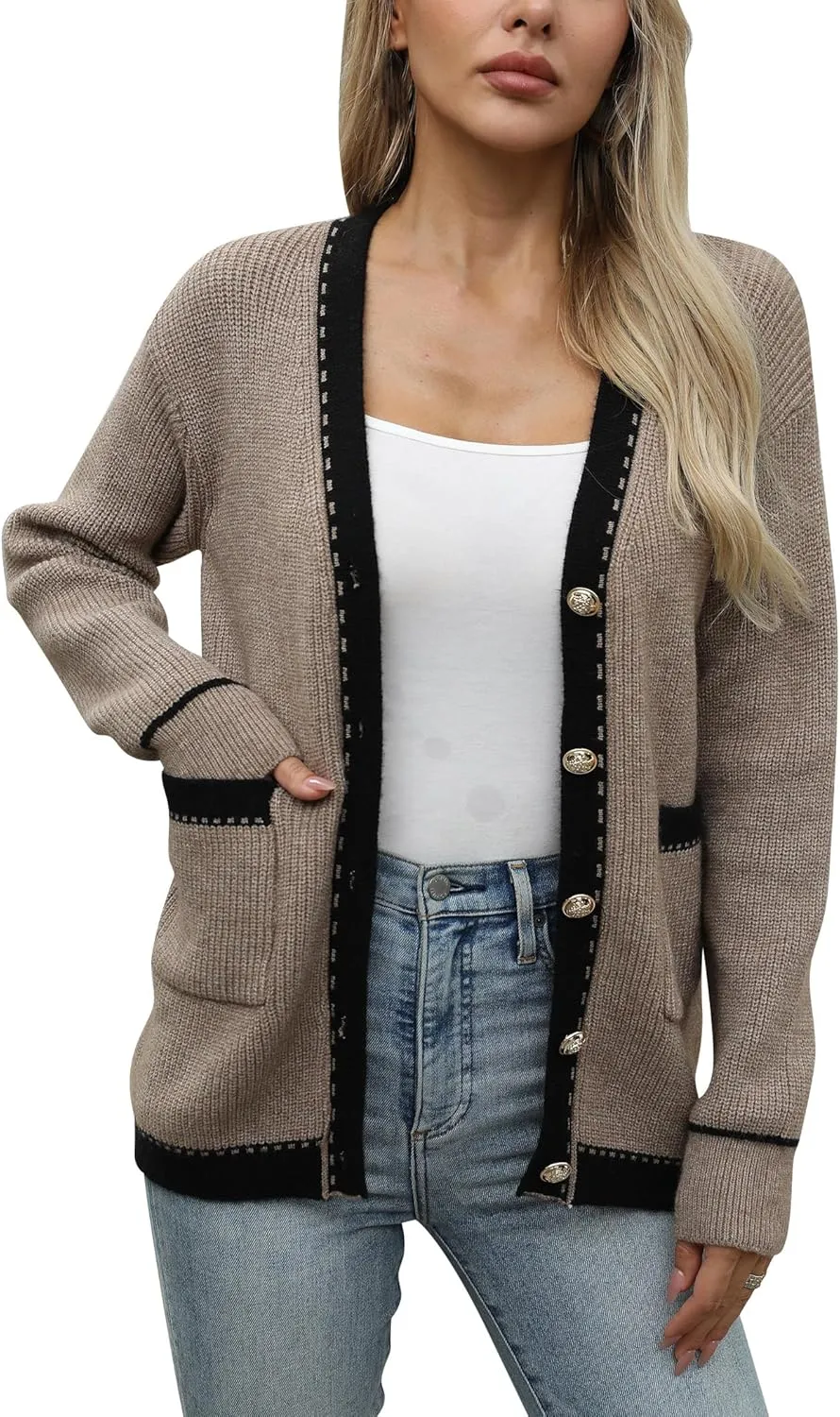 Cardigan Sweaters for Women 2024 Fall Open Front Oversized Button V Neck Chunky Knit Sweater Long Sleeve Outerwear