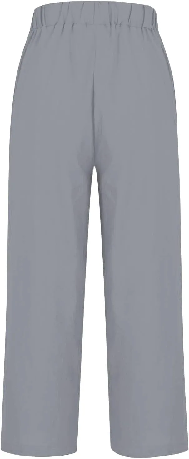 Casual Linen Pants for Women 2025 Solid Straight Elastic Pants Long Drawstring Linen Waist Cotton Casual Trousers