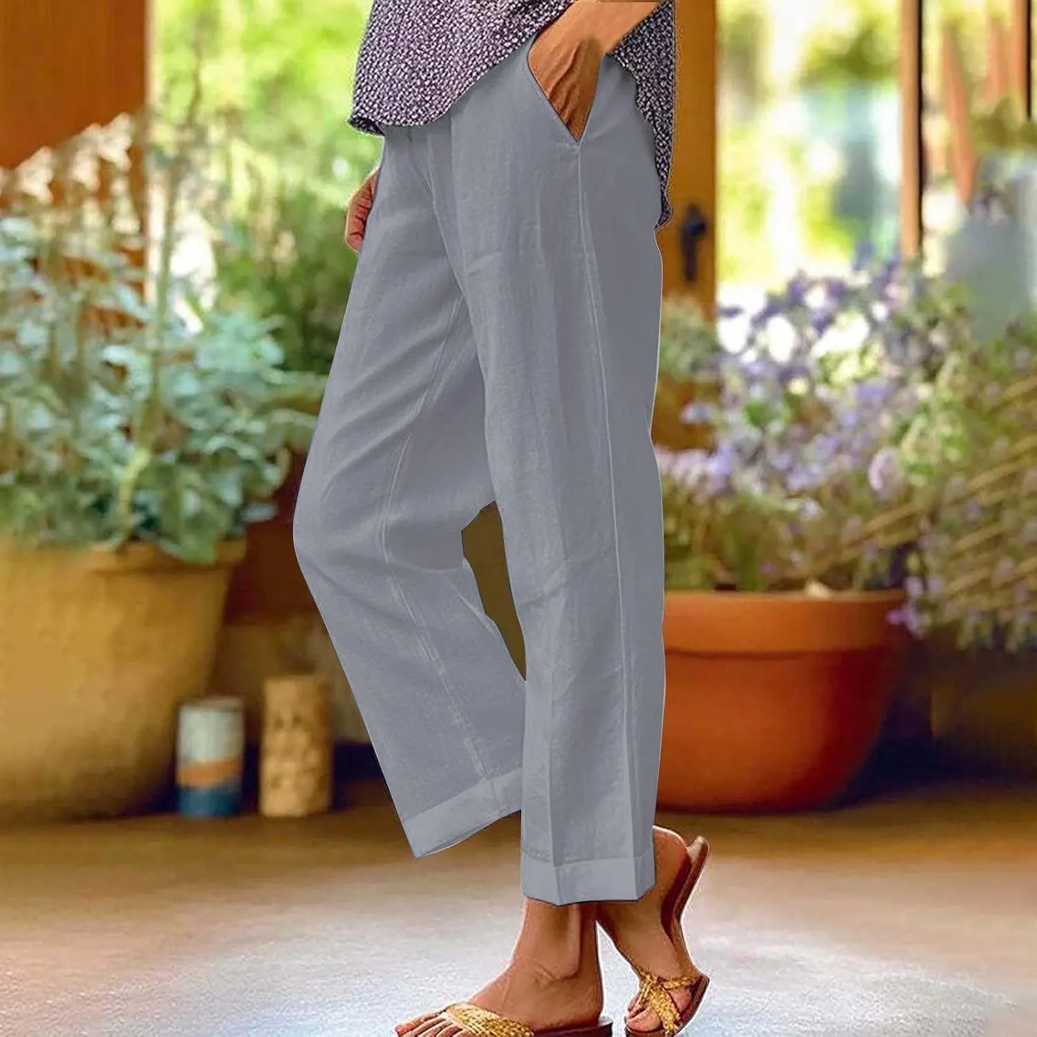 Casual Linen Pants for Women 2025 Solid Straight Elastic Pants Long Drawstring Linen Waist Cotton Casual Trousers