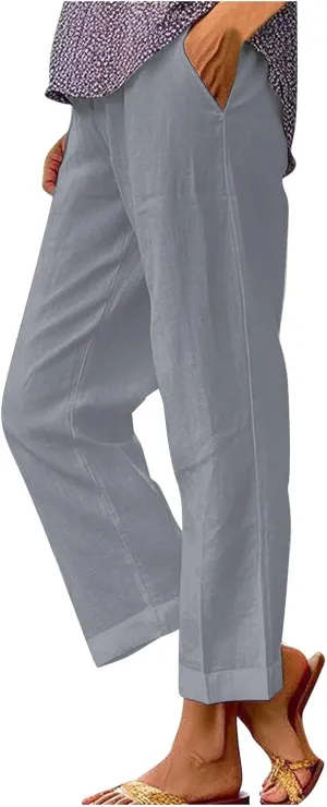 Casual Linen Pants for Women 2025 Solid Straight Elastic Pants Long Drawstring Linen Waist Cotton Casual Trousers