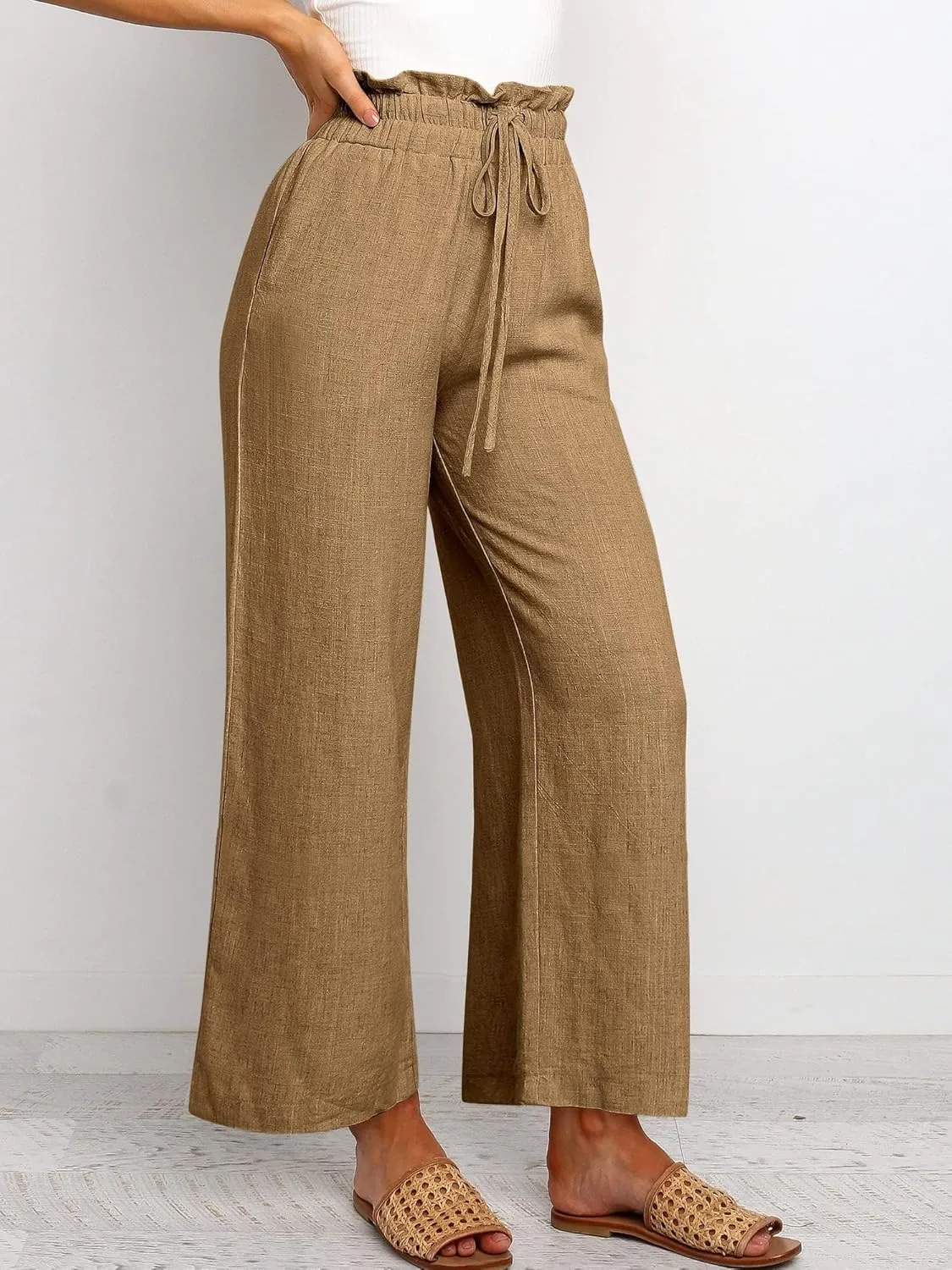 Casual Linen Pants Women Summer Loose Wide Leg Pants Drawstring Elastic Waisted Palazzo Harem Trousers with Pockets