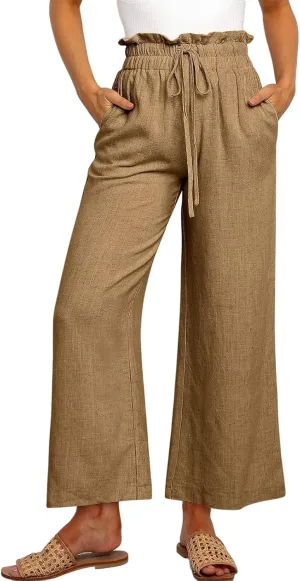 Casual Linen Pants Women Summer Loose Wide Leg Pants Drawstring Elastic Waisted Palazzo Harem Trousers with Pockets