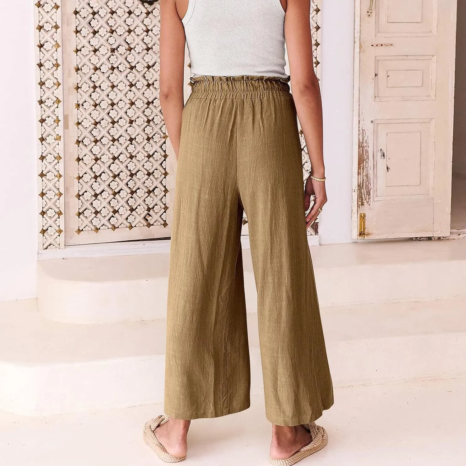 Casual Linen Pants Women Summer Loose Wide Leg Pants Drawstring Elastic Waisted Palazzo Harem Trousers with Pockets