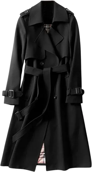 CHARTOU Women Double Breasted Mid Long Trench Coat with Belt Lightweight Windbreaker Long Duster Trenchcoat (Medium,Black)