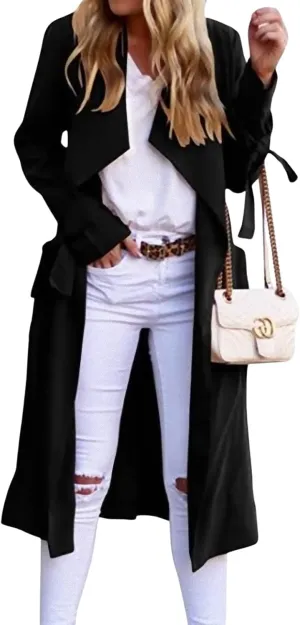 CHARTOU Women Long Trench Coat Lapel Collar Belted Tie Jackets Open Front Cardigan Long Sleeve Casual Overcoat With Pockets