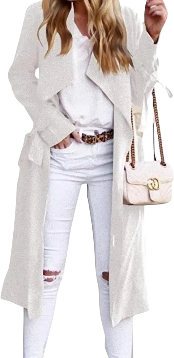 CHARTOU Women Long Trench Coat Lapel Collar Belted Tie Jackets Open Front Cardigan Long Sleeve Casual Overcoat With Pockets