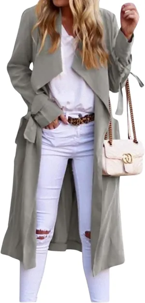 CHARTOU Women Long Trench Coat Lapel Collar Belted Tie Jackets Open Front Cardigan Long Sleeve Casual Overcoat With Pockets