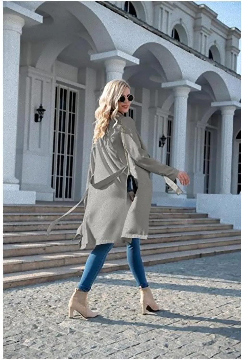 CHARTOU Women Long Trench Coat Lapel Collar Belted Tie Jackets Open Front Cardigan Long Sleeve Casual Overcoat With Pockets