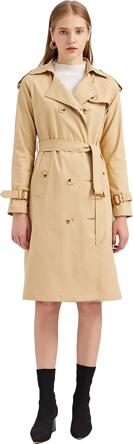 CHARTOU Women's Cotton Double Breasted Mid Long Trench Coat Windbreaker with Belt