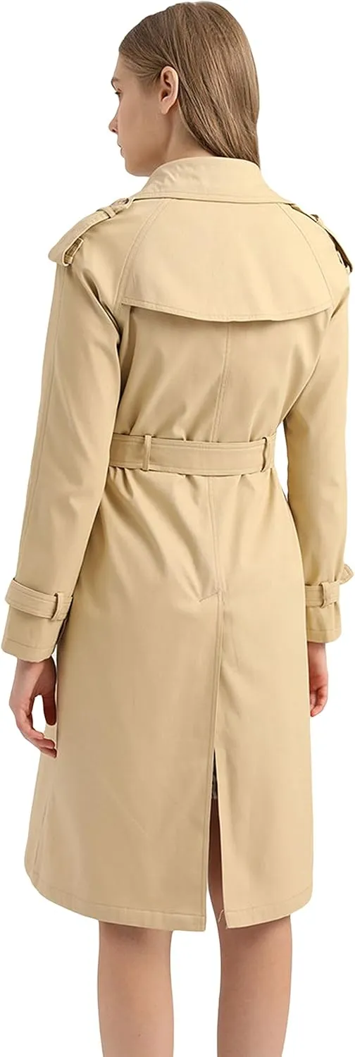 CHARTOU Women's Cotton Double Breasted Mid Long Trench Coat Windbreaker with Belt