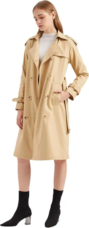 CHARTOU Women's Cotton Double Breasted Mid Long Trench Coat Windbreaker with Belt