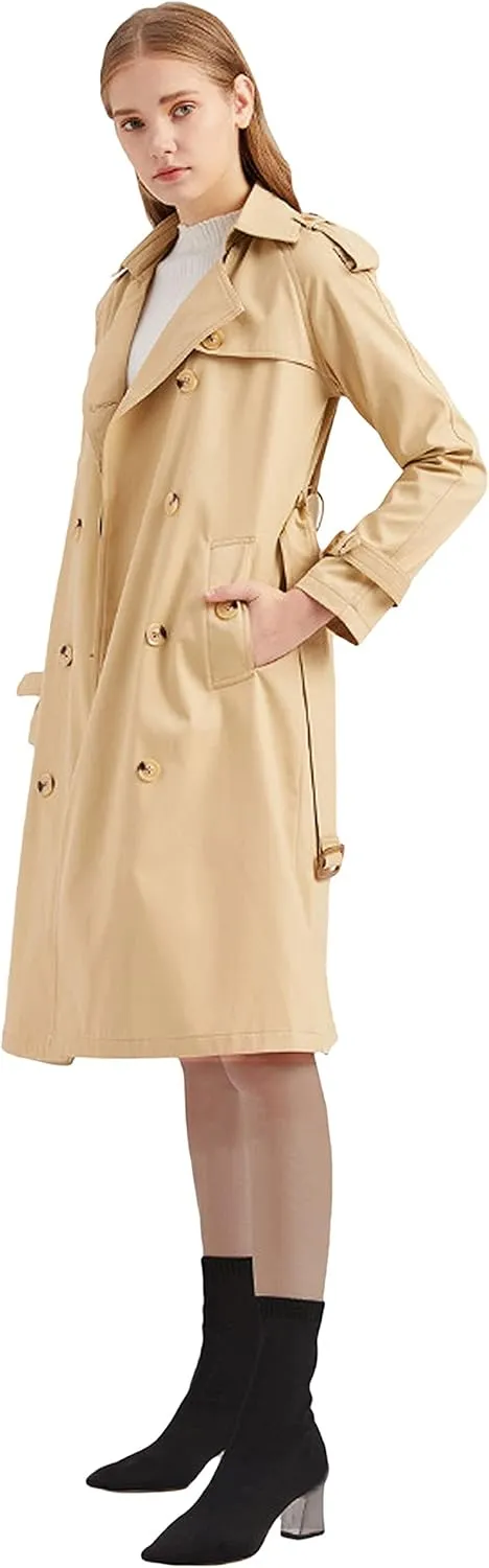 CHARTOU Women's Cotton Double Breasted Mid Long Trench Coat Windbreaker with Belt
