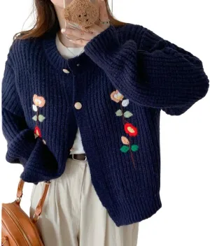CHARTOU Women's Cute Crew Neck Chunky Knit Floral Embroidery Open Front Cardigan Sweater