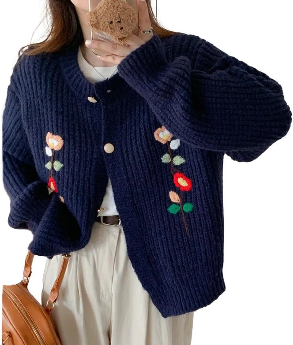 CHARTOU Women's Cute Crew Neck Chunky Knit Floral Embroidery Open Front Cardigan Sweater