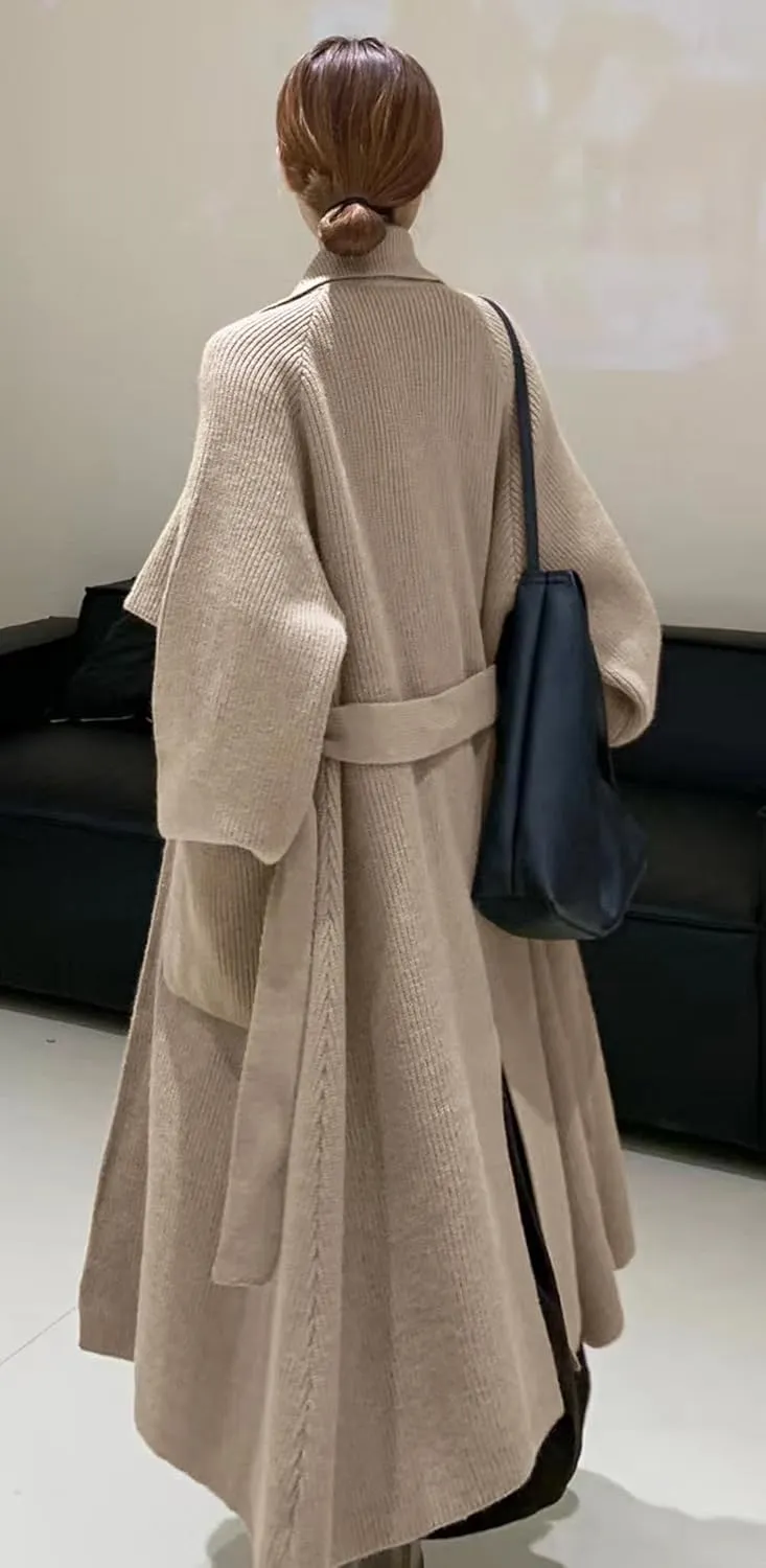 CHARTOU Women's Elegant Lapel Collar Rib-Knit Open Front Cardigan Long Sweater Jacket Overcoat