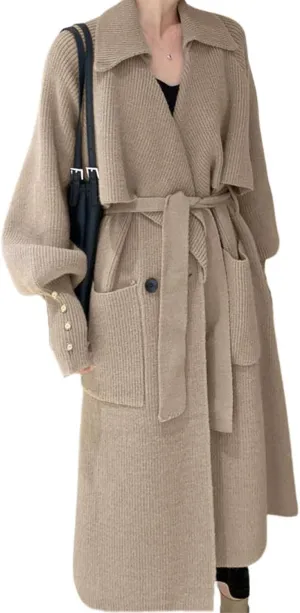 CHARTOU Women's Elegant Lapel Collar Rib-Knit Open Front Cardigan Long Sweater Jacket Overcoat