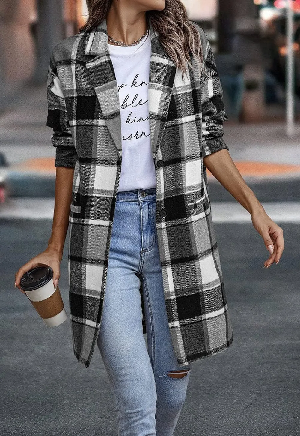 CHARTOU Women's Plaid Shacket Causal Notched Collar Wool Blend Tartan Blazer Trench Coat