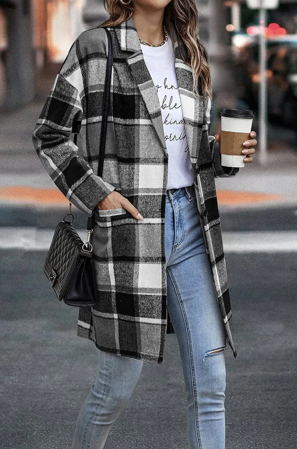 CHARTOU Women's Plaid Shacket Causal Notched Collar Wool Blend Tartan Blazer Trench Coat