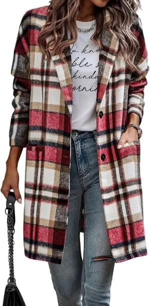 CHARTOU Women's Plaid Shacket Causal Notched Collar Wool Blend Tartan Blazer Trench Coat