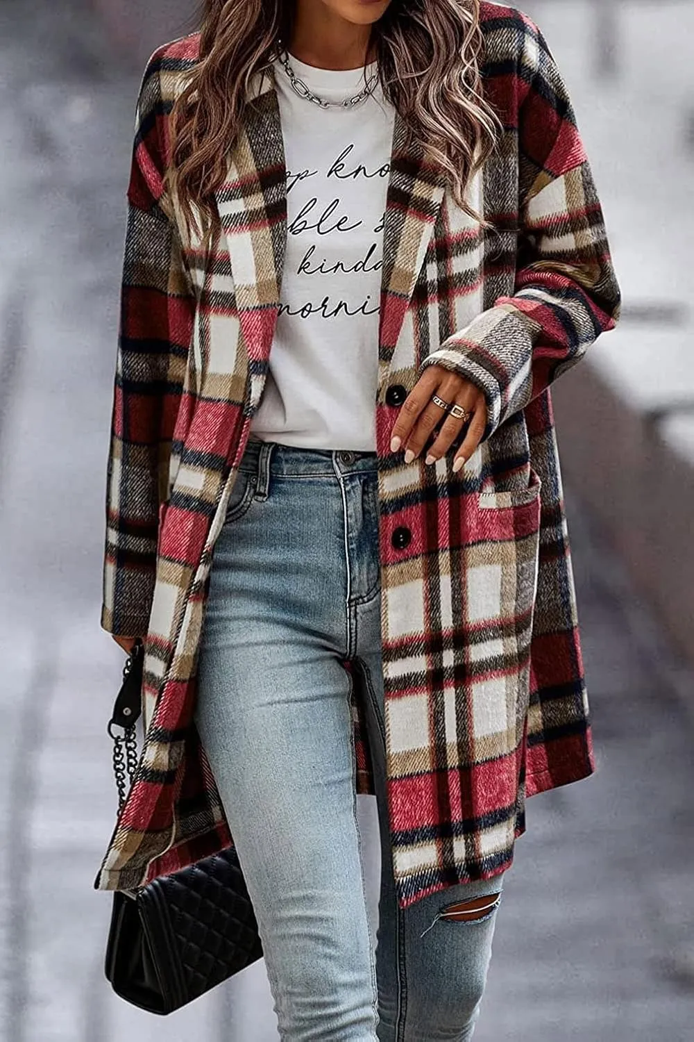 CHARTOU Women's Plaid Shacket Causal Notched Collar Wool Blend Tartan Blazer Trench Coat