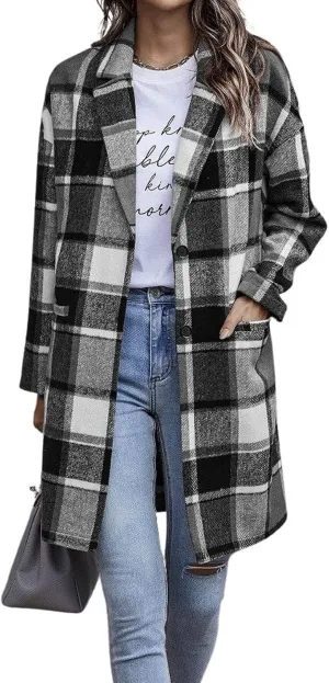 CHARTOU Women's Plaid Shacket Causal Notched Collar Wool Blend Tartan Blazer Trench Coat